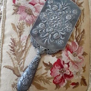 Antique Victorian Pewter Hand  Mirror Floral Des
